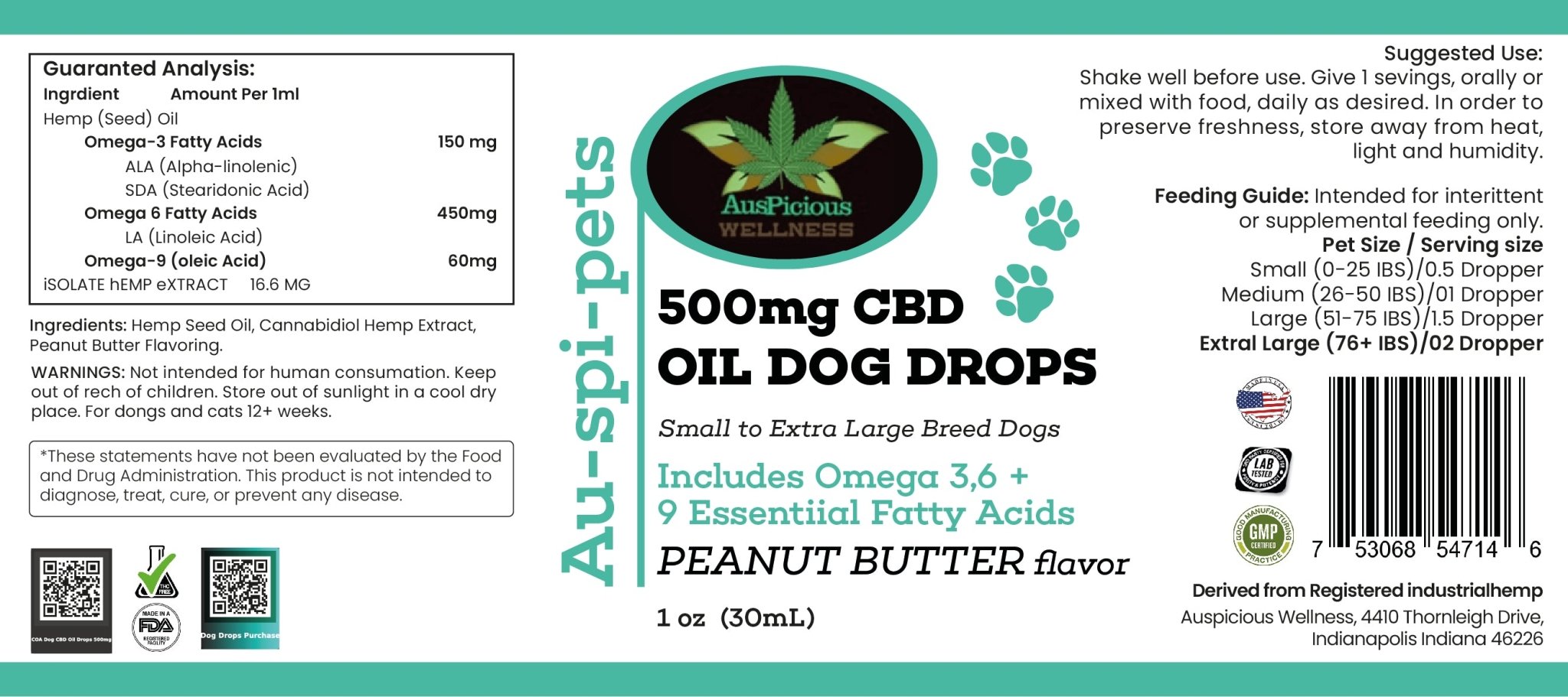 500mg CBD OIL DOG DROPS WITH PEANUT BUTTER FLAVOR - auspiciouswellness