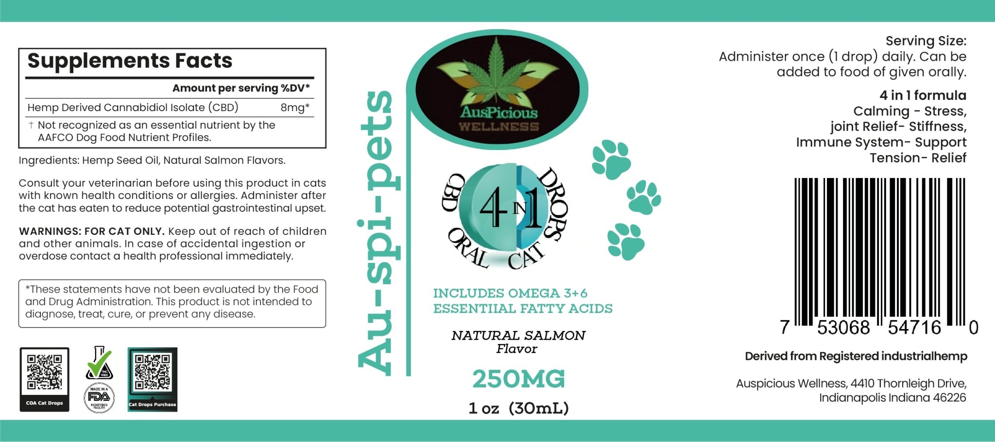 CBD Cat Drops with Salmon Flavor 4 In 1 Oral 250mg THC - FREE - auspiciouswellness