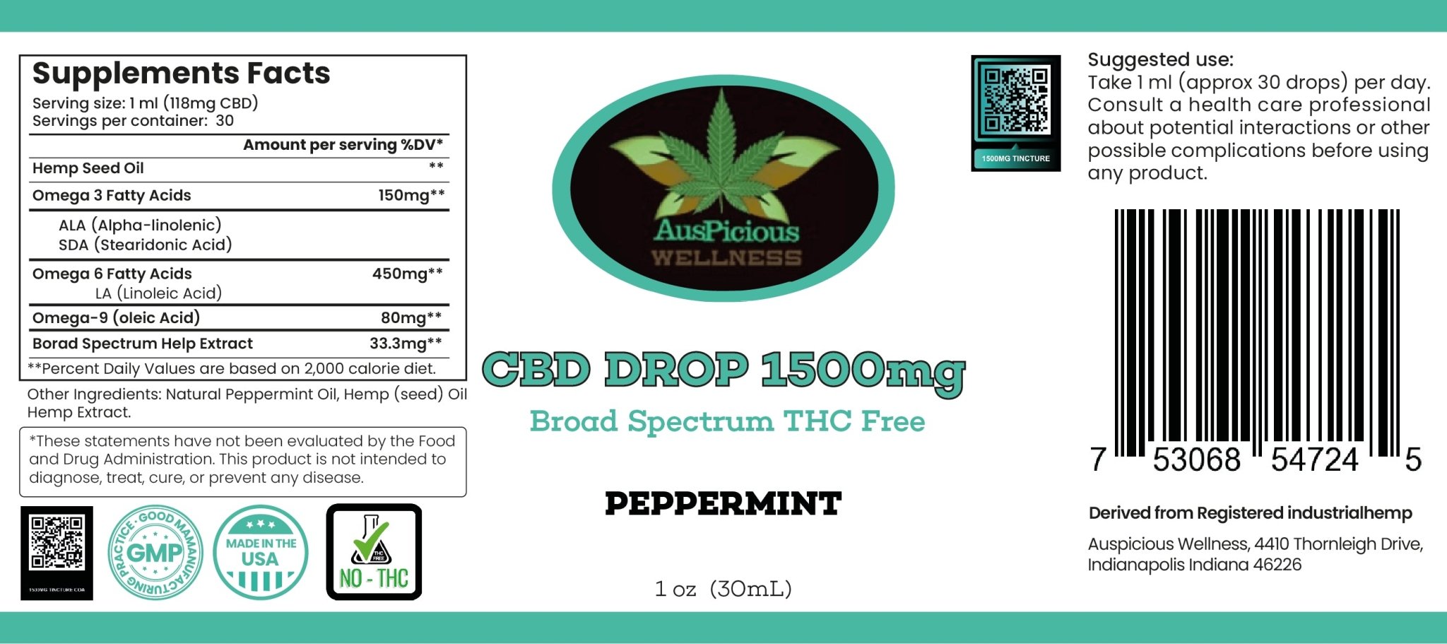 CBD Oil Drops 1500mg PCR (Phyto - Cannabinoid Rich Hemp Seed Oil Drops 1oz bottle Retail - auspiciouswellness