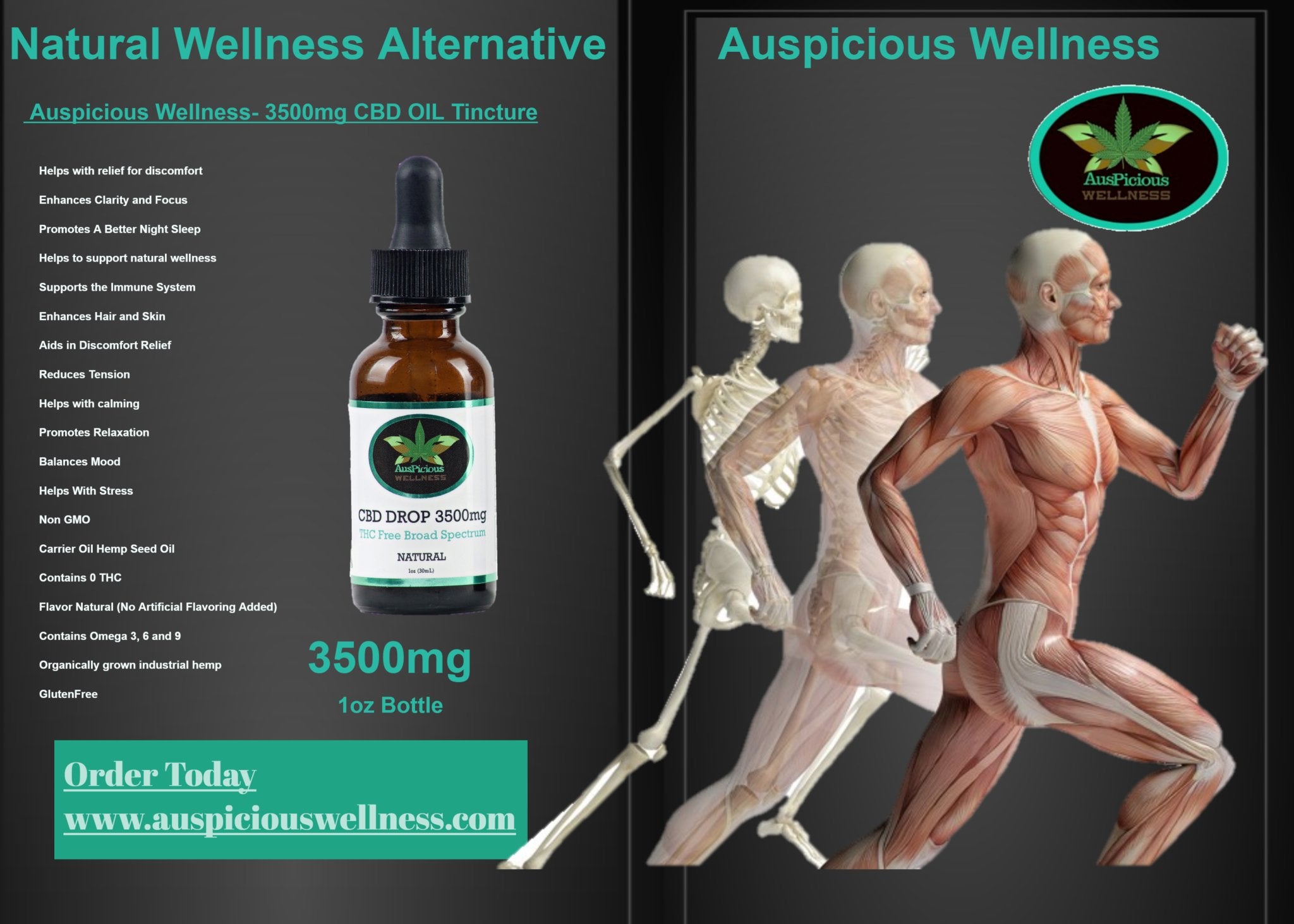 CBD Oil Drops 3500mg THC Free 1 - OZ BOTTLE - auspiciouswellness