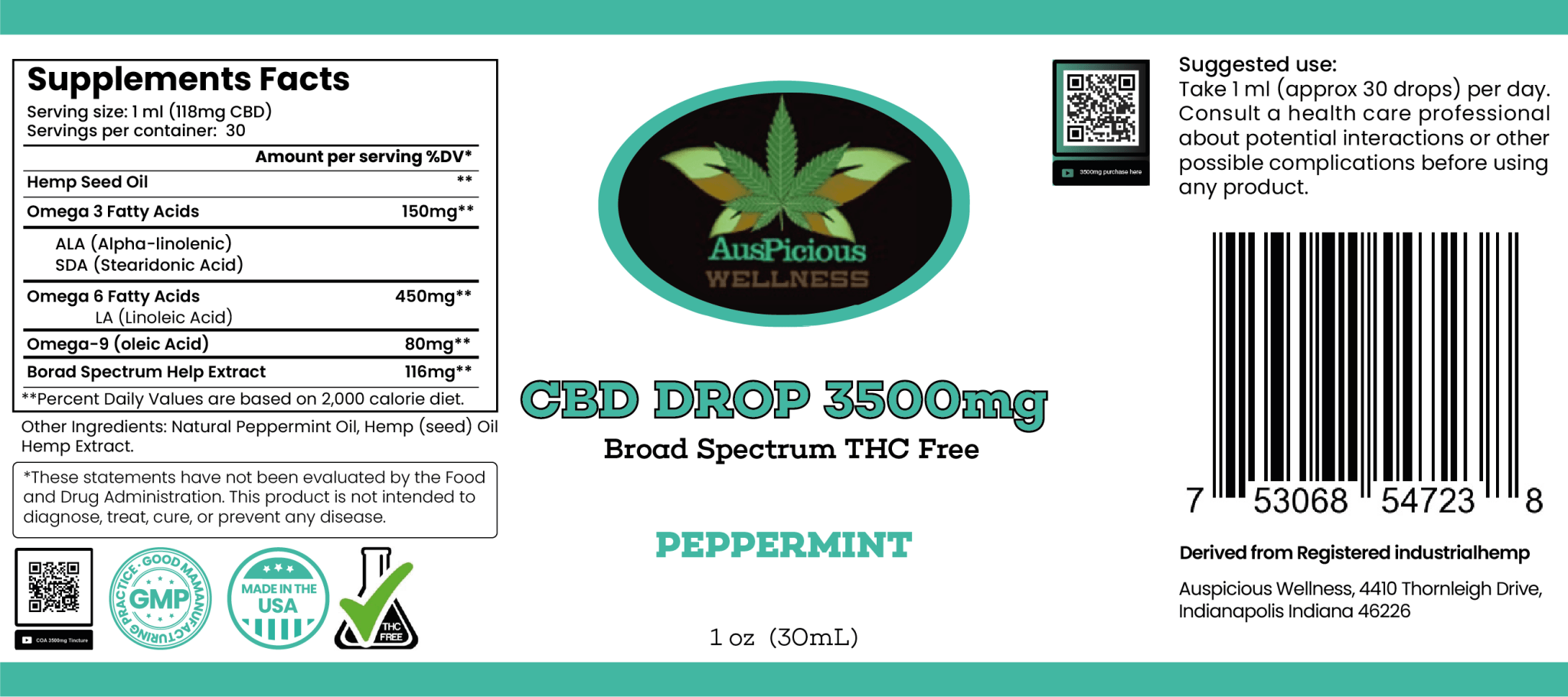 CBD Oil Drops 3500mg THC Free 1 - OZ BOTTLE - auspiciouswellness